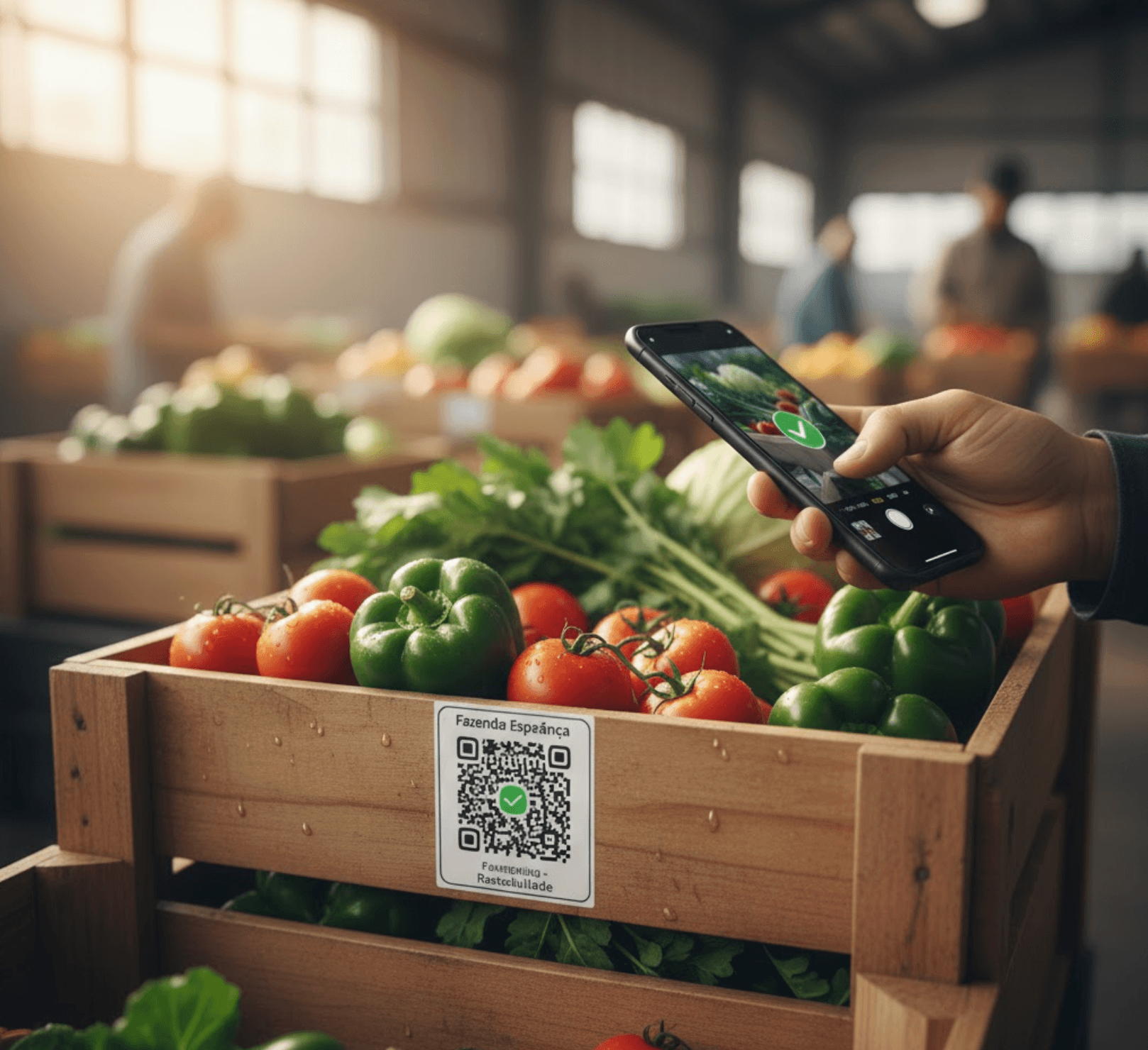 Caixa de vegetais ilustrando a embalagem com QR Code